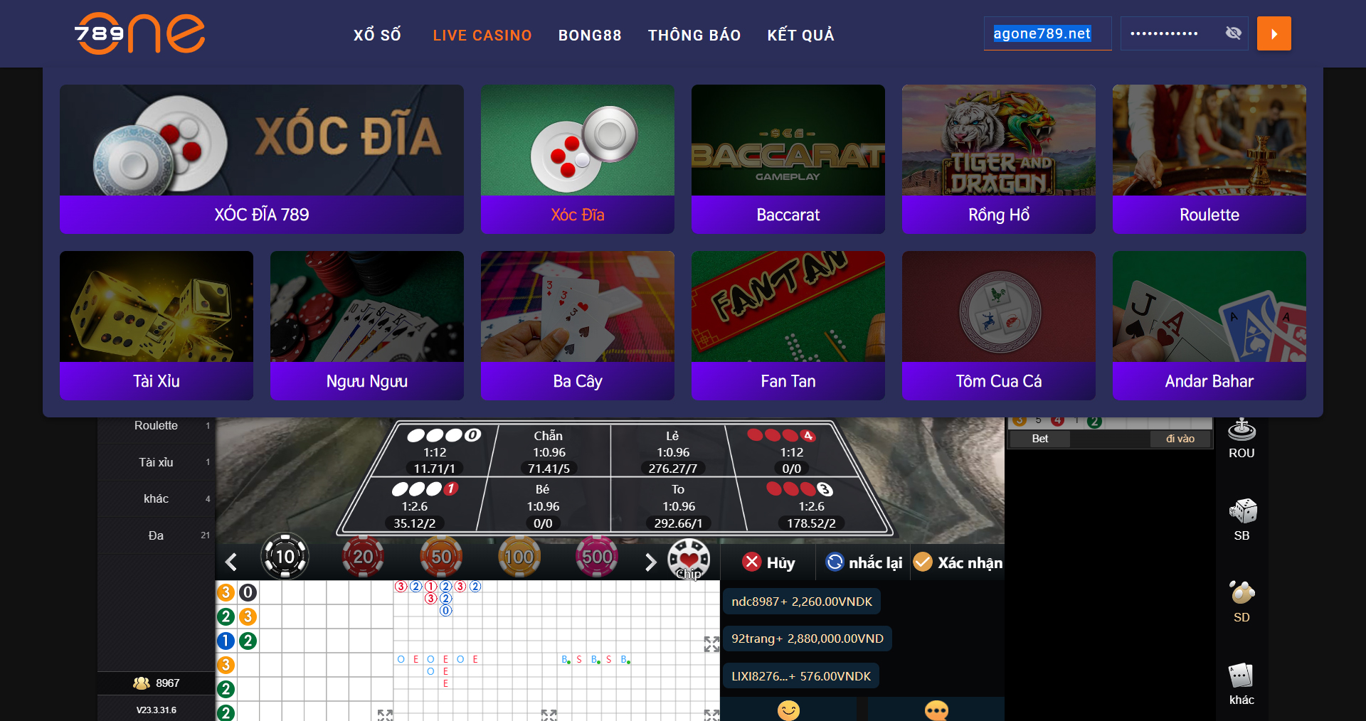 Bước 2: Chọn danh mục Live Casino -> Xóc Đĩa.